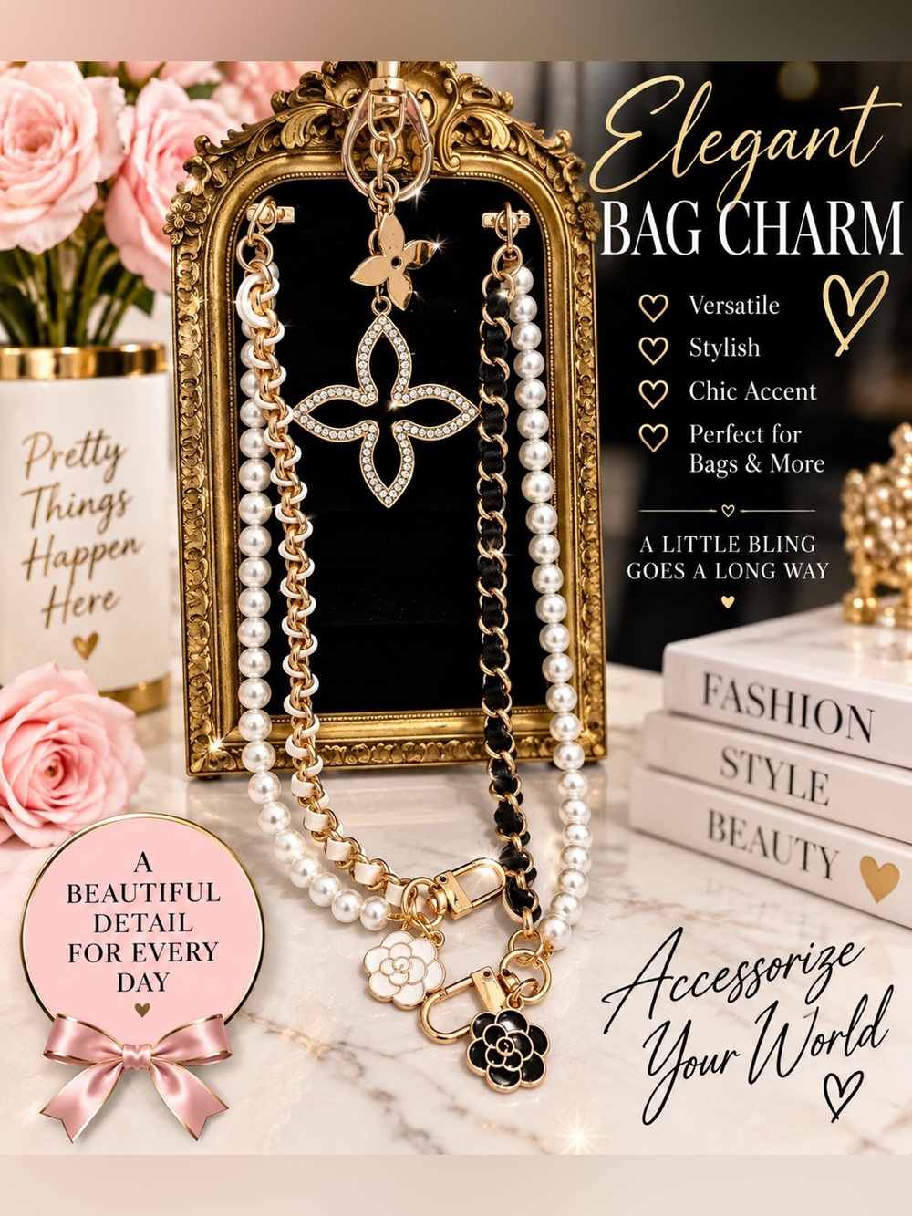 Elegant bag charm keychain set